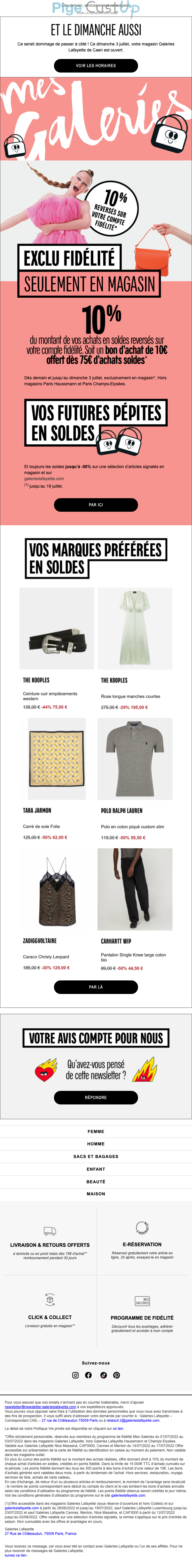 Exemple de Type de media  e-mailing - Galeries Lafayette - Marketing fidélisation - Animation / Vie du Programme de Fidélité - Marketing Acquisition - Ventes flash, soldes, demarque, promo, réduction