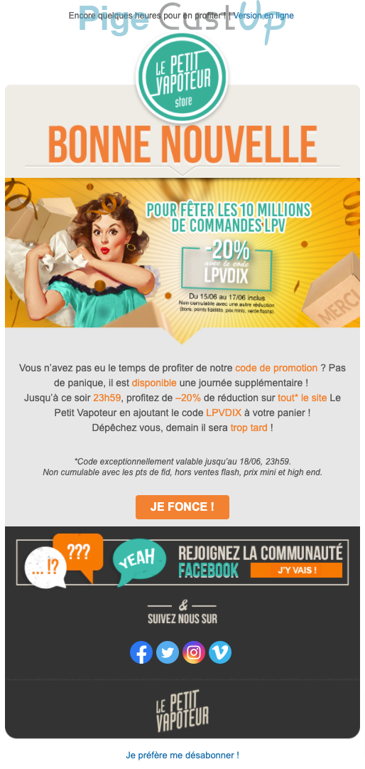 Exemple de Type de media  e-mailing - Le Petit Vapoteur - Marketing Acquisition - Ventes flash, soldes, demarque, promo, réduction