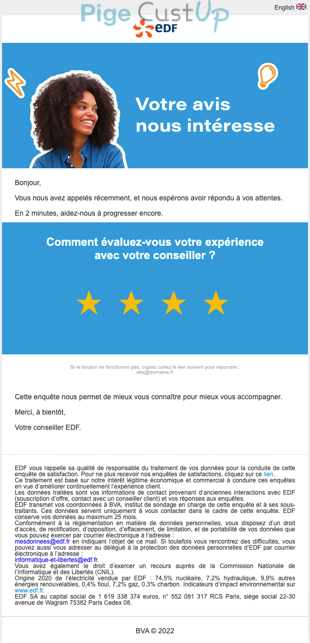 Exemple de Type de media  e-mailing - EDF - Enquêtes Clients - NPS / Avis clients