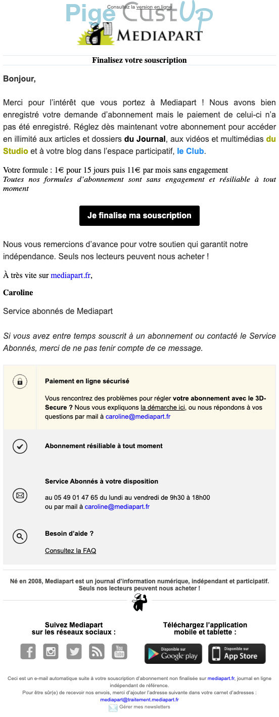 Exemple de Type de media  e-mailing - Mediapart - Transactionnels - Finalisation ouverture de compte/inscription