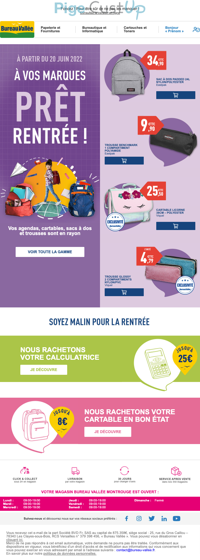 Exemple de Type de media  e-mailing - Bureau Vallée - Marketing relationnel - Calendaire (Noël, St valentin, Vœux, …) - Newsletter - Marketing Acquisition - Ventes flash, soldes, demarque, promo, réduction