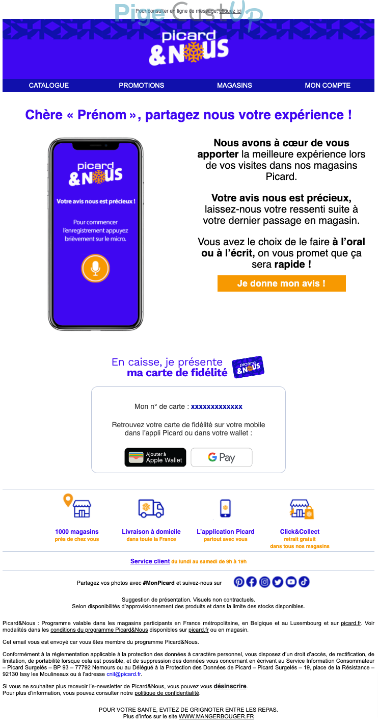 Exemple de Type de media  e-mailing - Picard - Enquêtes Clients - NPS / Avis clients