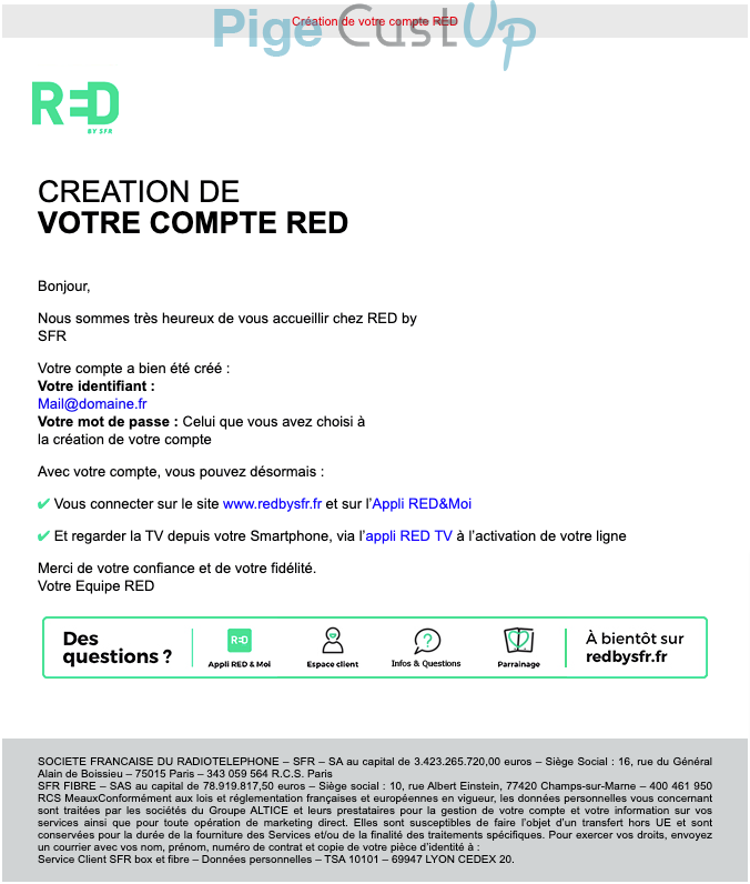 Exemple de Type de media  e-mailing - SFR - Transactionnels - Finalisation ouverture de compte/inscription