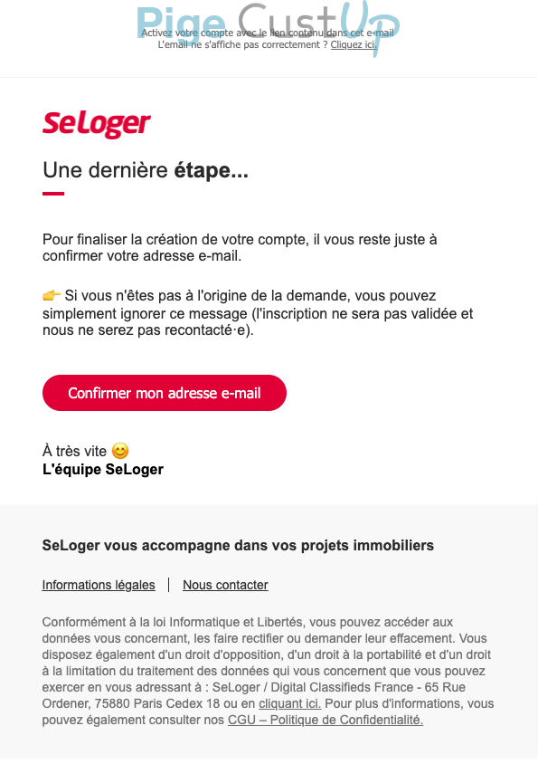 Exemple de Type de media  e-mailing - Seloger.com - Transactionnels - Finalisation ouverture de compte/inscription