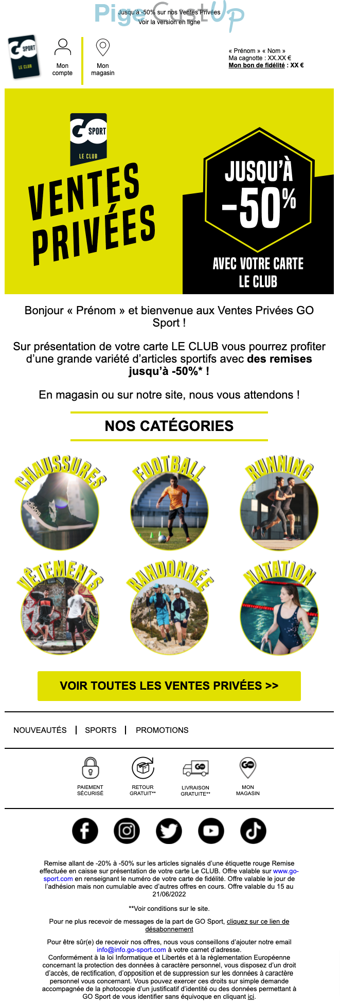 Exemple de Type de media  e-mailing - Go Sport - Marketing Acquisition - Ventes privées