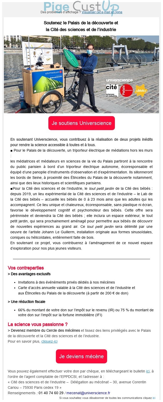 Exemple de Type de media  e-mailing - Universcience - Marketing Acquisition - Collecte de dons