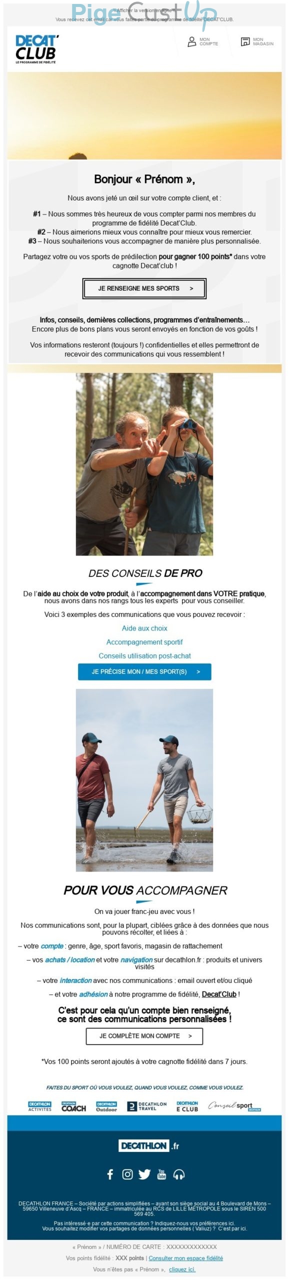 Exemple de Type de media  e-mailing - Décathlon - Marketing fidélisation - Animation / Vie du Programme de Fidélité - Marketing relationnel - Données clients / RGPD
