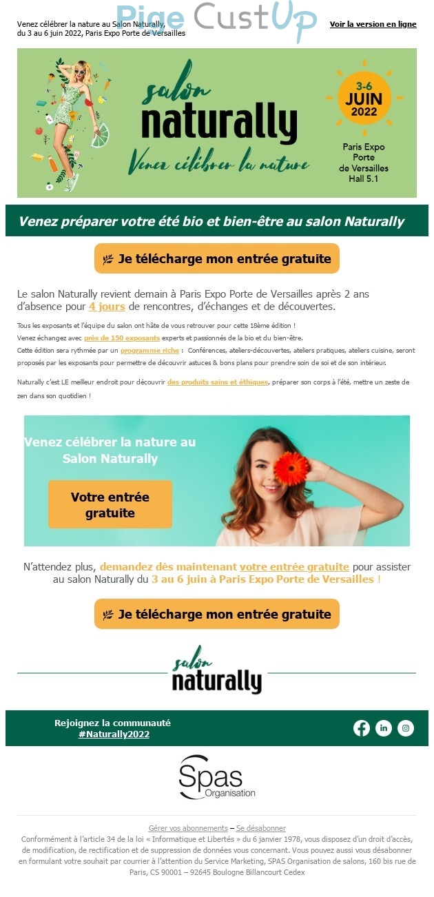 Exemple de Type de media  e-mailing - Salon Naturally - Marketing relationnel - Evénement - Marketing Acquisition - Gratuit - Cadeau