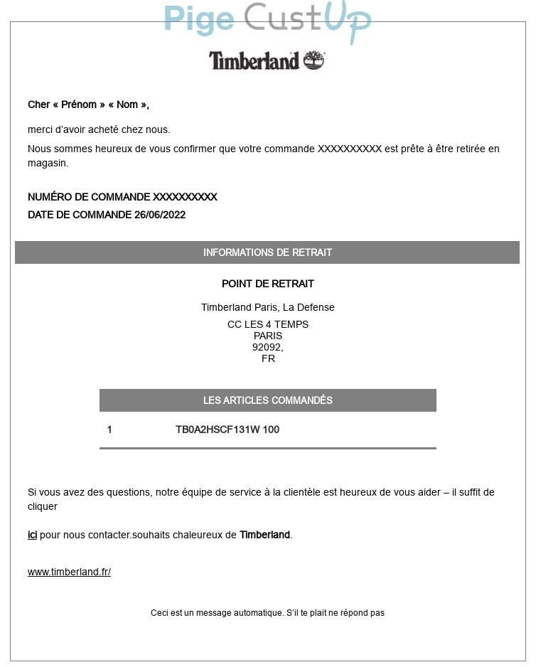 Exemple de Type de media  e-mailing - Timberland - Transactionnels - Confirmation de commande