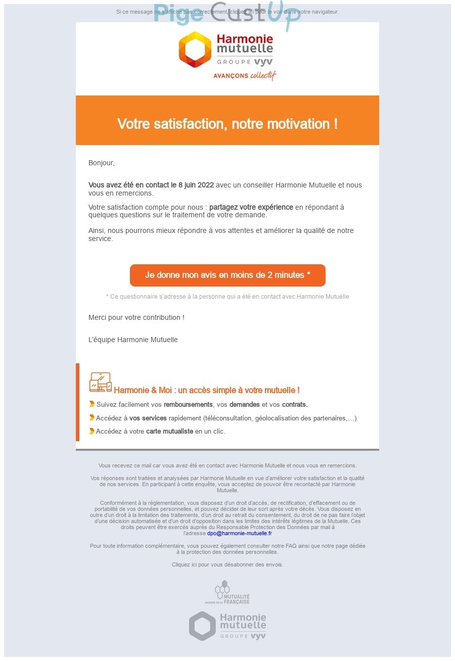 Exemple de Type de media  e-mailing - Harmonie Mutuelle - Enquêtes Clients - NPS / Avis clients