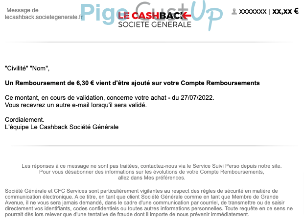 Exemple de Type de media  e-mailing - Société Générale - Transactionnels - Remboursements