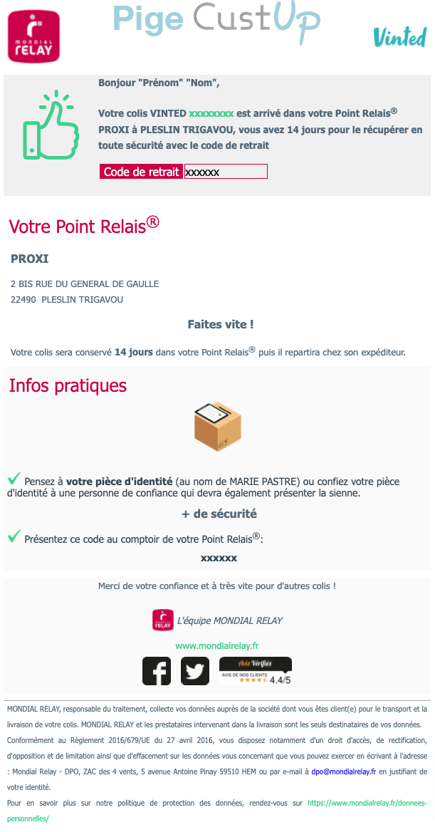 Exemple de Type de media  e-mailing - Mondial Relay - Transactionnels - Retrait commande