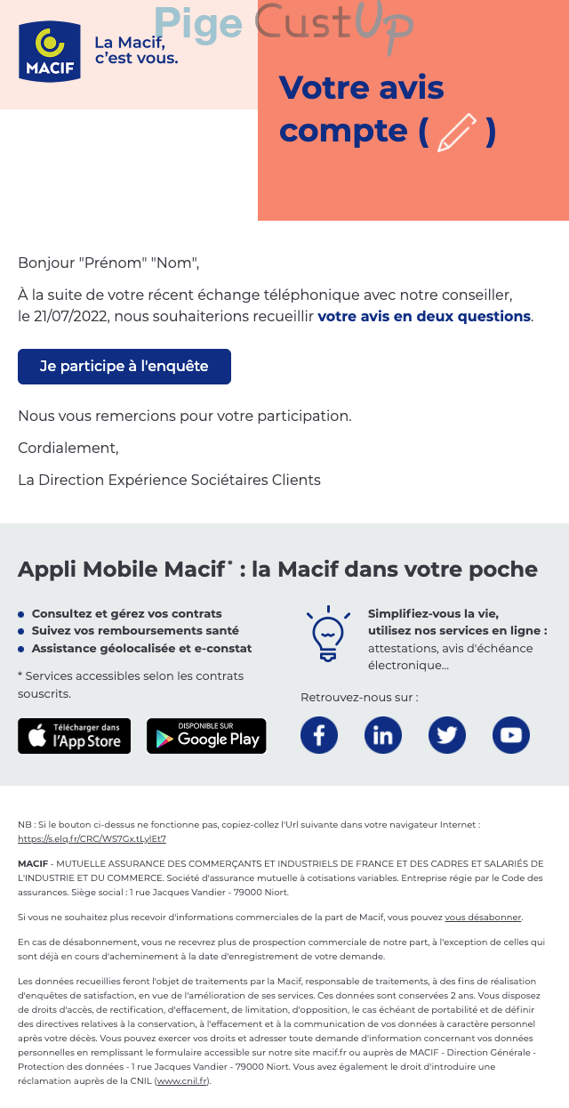 Exemple de Type de media  e-mailing - Macif - Enquêtes Clients - NPS / Avis clients