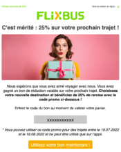 e-mailing - Marketing Acquisition - Ventes flash, soldes, demarque, promo, réduction - Flixbus - 07/2022