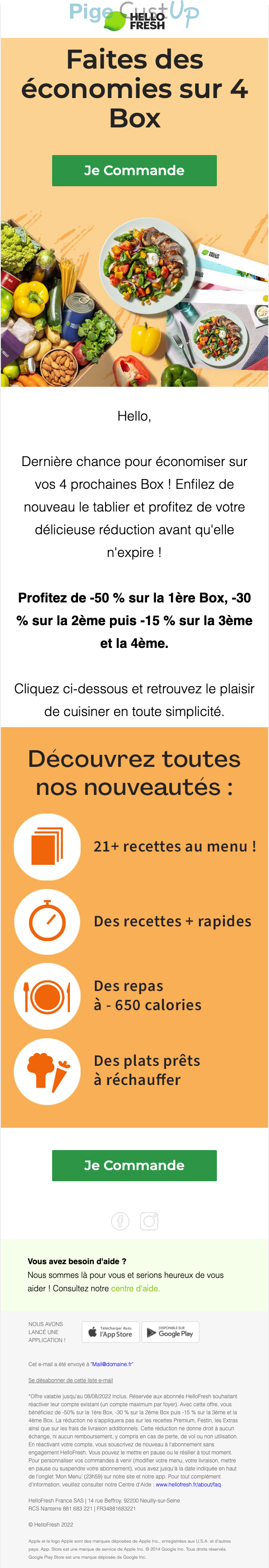 Exemple de Type de media  e-mailing - Hello Fresh - Marketing Acquisition - Derniers jours - Marketing fidélisation - Incitation au réachat