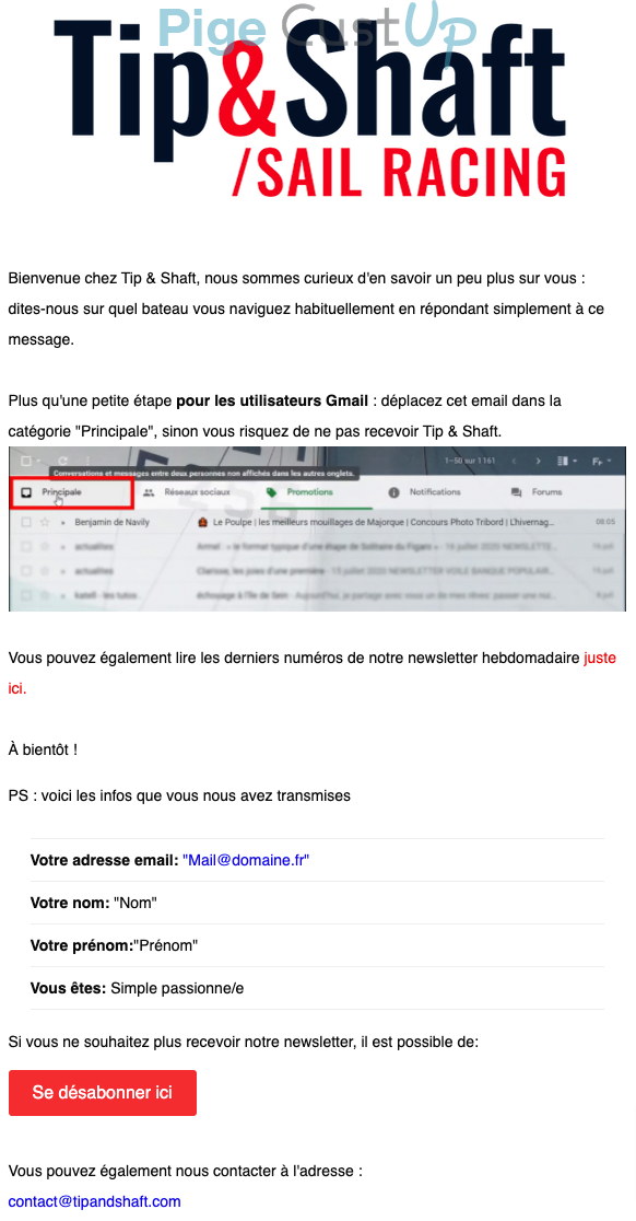 Exemple de Type de media  e-mailing - Tip & Shaft - Transactionnels - Confirmation abonnement