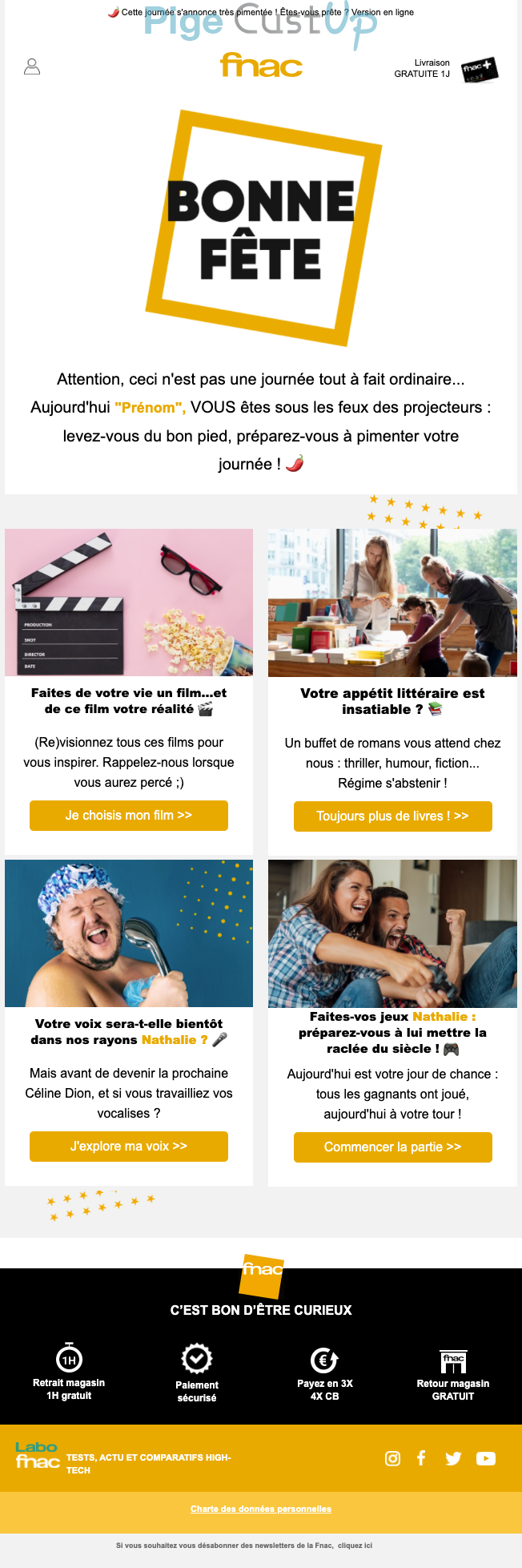 Exemple de Type de media  e-mailing - Fnac - Marketing relationnel - Anniversaire / Fête contact