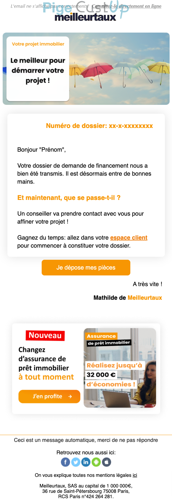 Exemple de Type de media  e-mailing - Meilleurtaux.com - Transactionnels - Confirmation demande de devis / contact / RDV