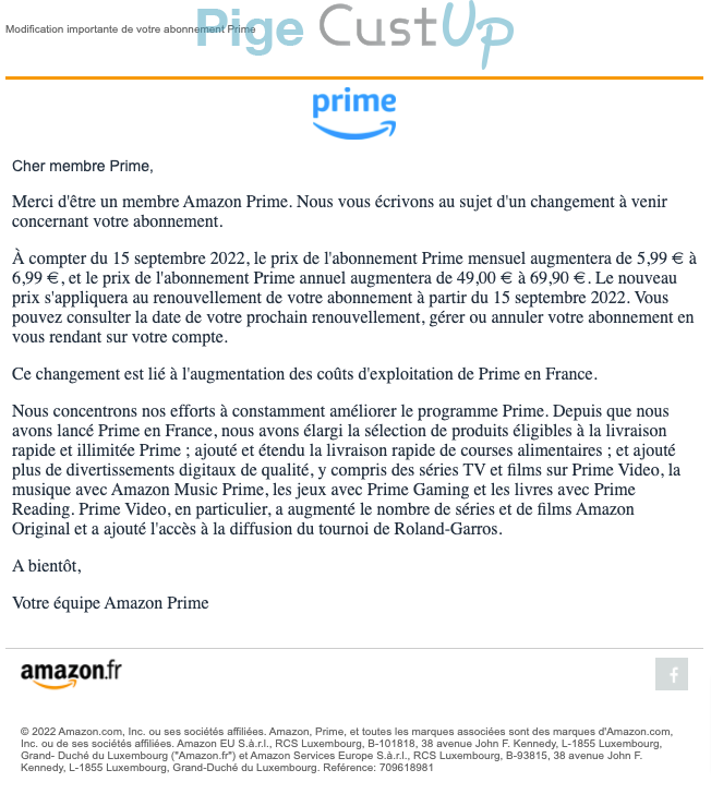 Exemple de Type de media  e-mailing - Amazon - Service Clients - Modification tarifs abonnements