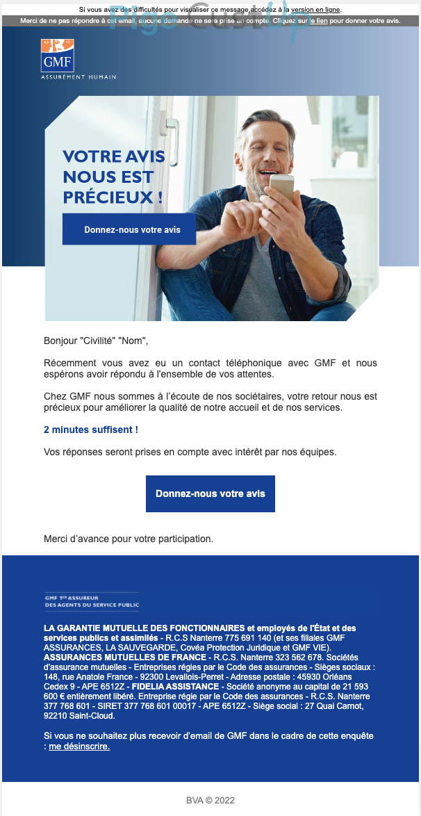 Exemple de Type de media  e-mailing - GMF - Enquêtes Clients - NPS / Avis clients