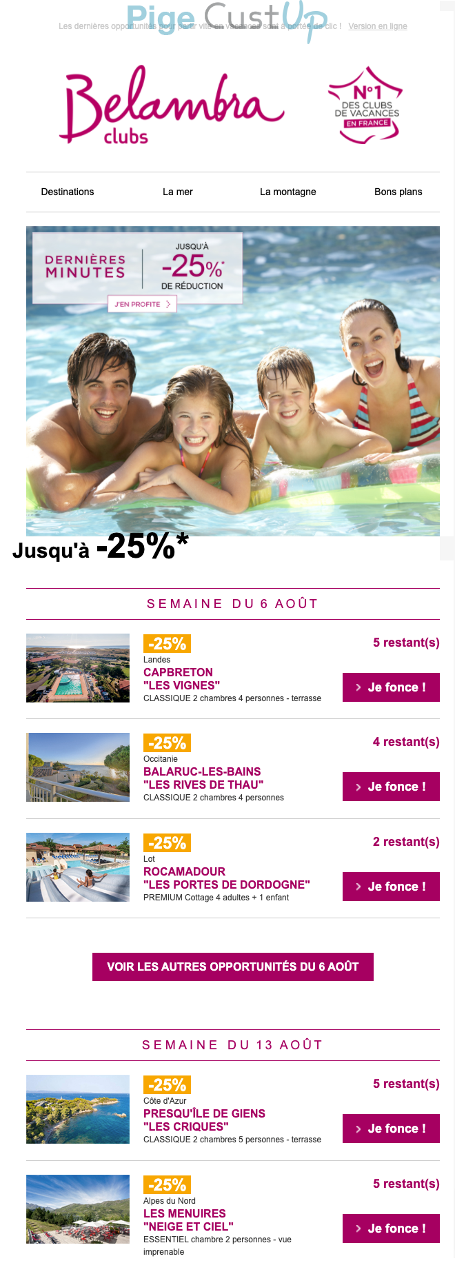Exemple de Type de media  e-mailing - Belambra - Marketing Acquisition - Derniers jours - Ventes flash, soldes, demarque, promo, réduction