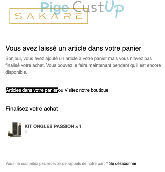 Exemple de Type de media  e-mailing - Sakaré - Marketing Acquisition - Panier abandonné