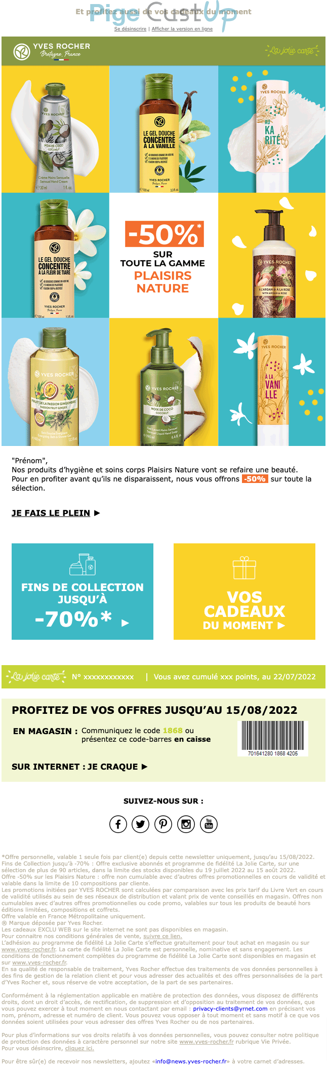 Exemple de Type de media  e-mailing - Yves Rocher - Marketing Acquisition - Ventes flash, soldes, demarque, promo, réduction