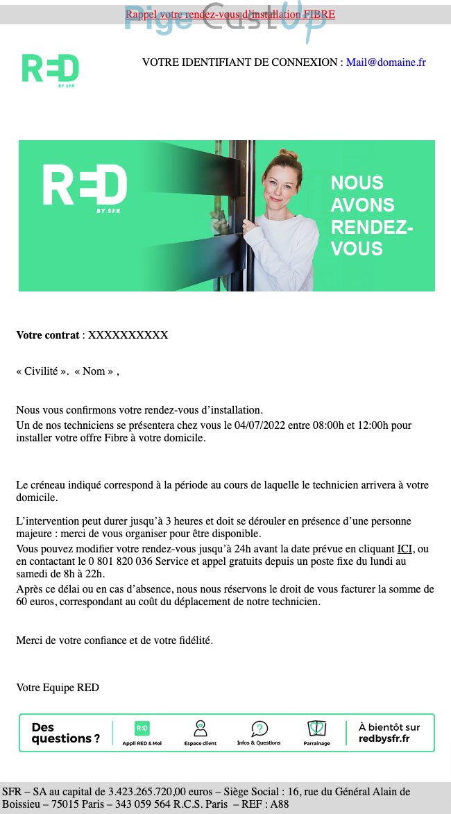 Exemple de Type de media  e-mailing - SFR - Transactionnels - Confirmation Mise à disposition du service - Finalisation ouverture de compte/inscription