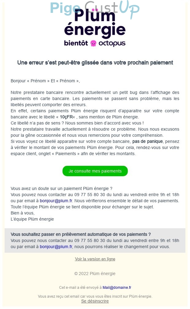 Exemple de Type de media  e-mailing - Plüm - Service Clients - Erreur facturation