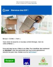 e-mailing - Marketing relationnel - Bienvenue - Welcome - Transactionnels - Finalisation ouverture de compte/inscription - Marketing fidélisation - Up sell - cross sell - EDF - 10/2023