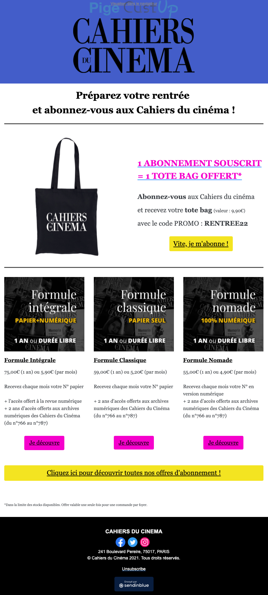 Exemple de Type de media  e-mailing - Cahiers du Cinéma - Marketing Acquisition - Acquisition abonnements