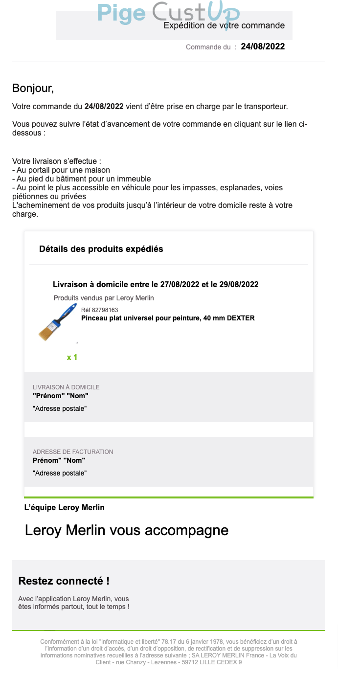 Exemple de Type de media  e-mailing - Leroy Merlin - Transactionnels - Suivi de commande Expédition / Livraison