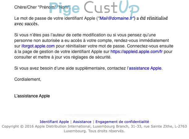 Exemple de Type de media  e-mailing - Apple.com - Transactionnels - Changement de mot de passe / d'identifiant