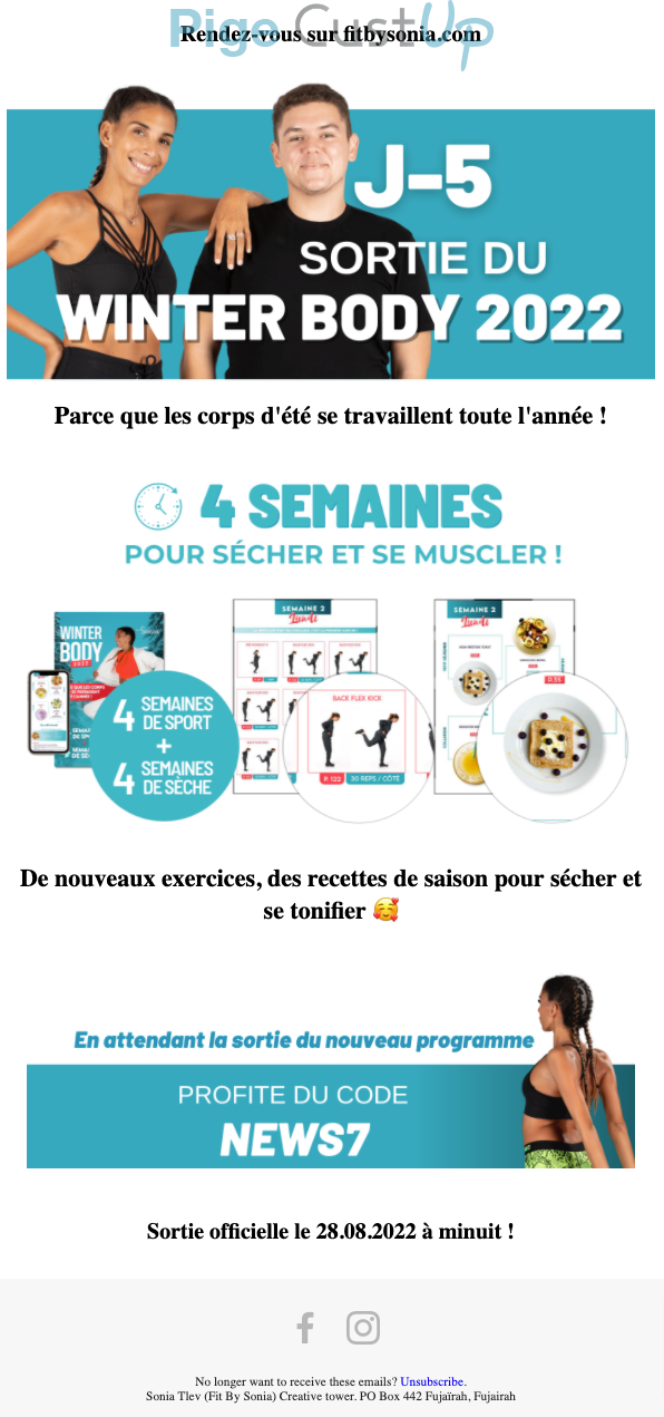 Exemple de Type de media  e-mailing - FitbySonia - Marketing Acquisition - Promotion à l'occasion d'un événement