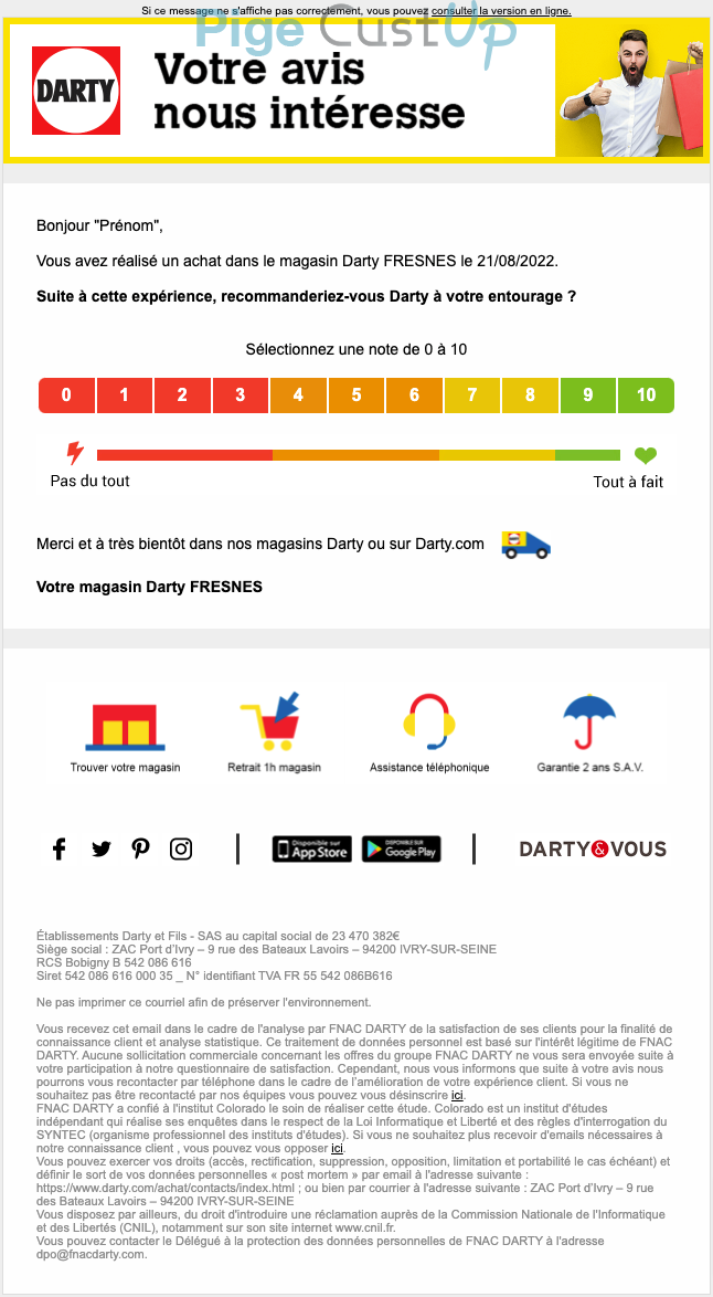 Exemple de Type de media  e-mailing - Darty - Enquêtes Clients - NPS / Avis clients