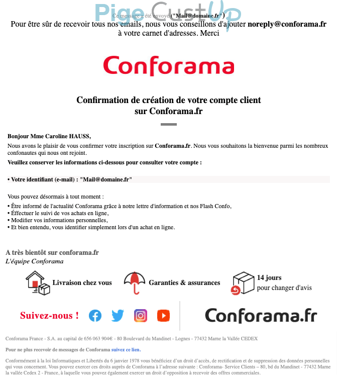 Exemple de Type de media  e-mailing - Conforama - Transactionnels - Confirmation Création de Compte