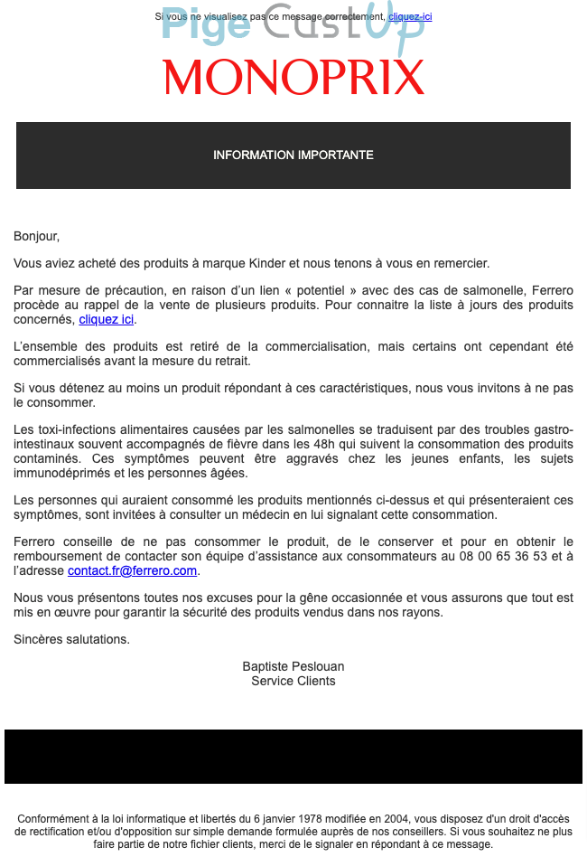 Exemple de Type de media  e-mailing - Monoprix - Service Clients - Réclamations