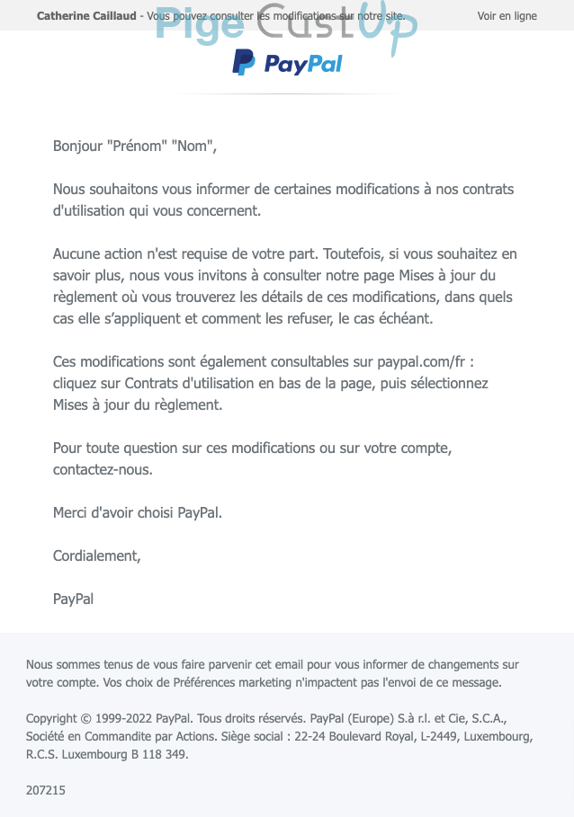 Exemple de Type de media  e-mailing - Paypal - Service Clients - Modification CGV / CGU