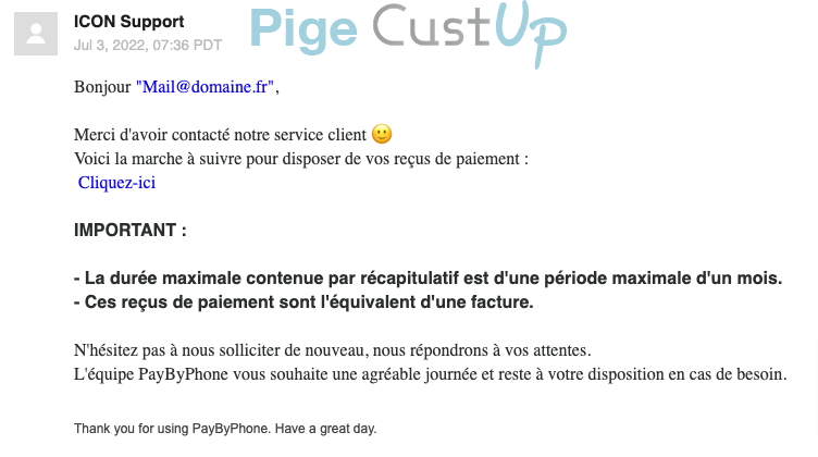 Exemple de Type de media  e-mailing - PayByPhone - Service Clients - Suivi de demande