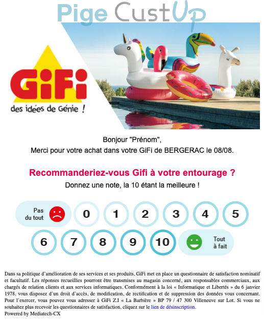 Exemple de Type de media  e-mailing - Gifi - Enquêtes Clients - NPS / Avis clients