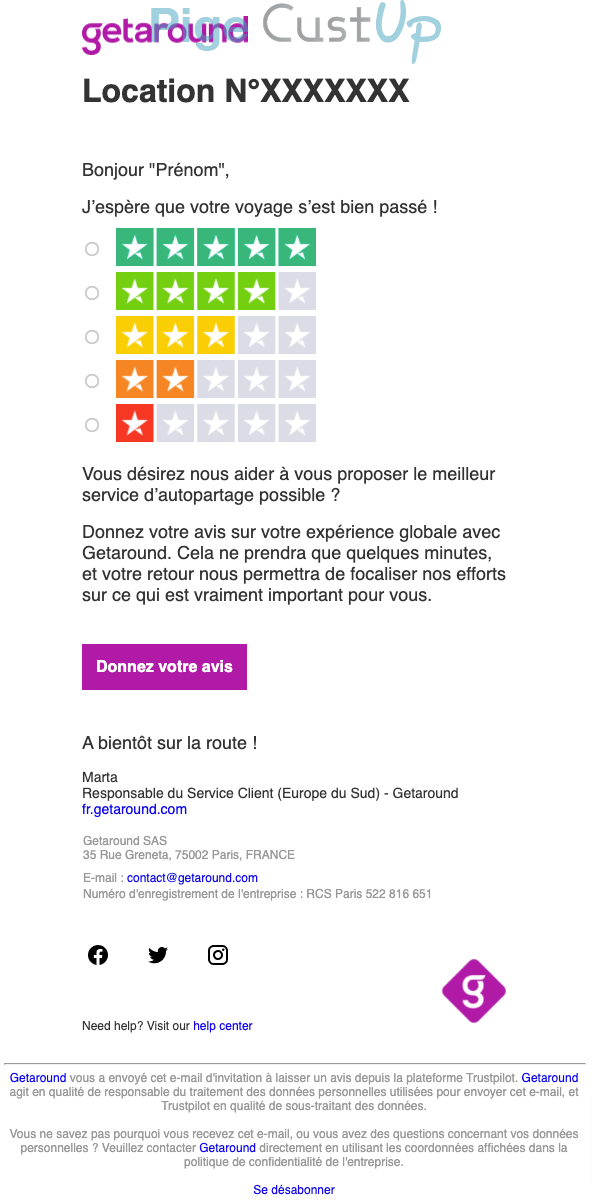 Exemple de Type de media  e-mailing - Getaround - Enquêtes Clients - NPS / Avis clients