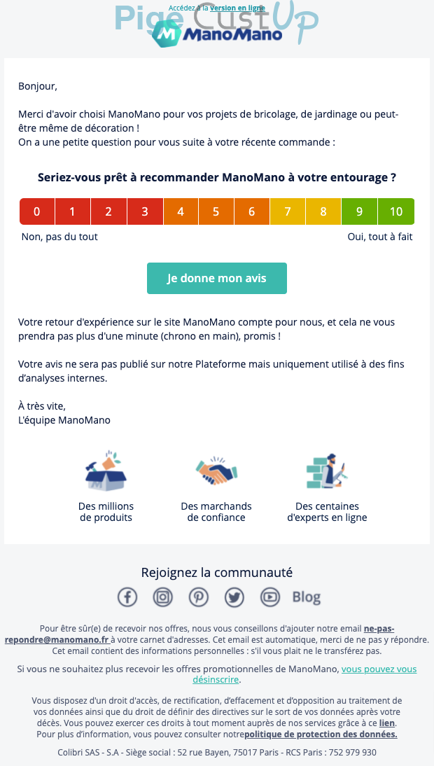 Exemple de Type de media  e-mailing - ManoMano - Enquêtes Clients - NPS / Avis clients