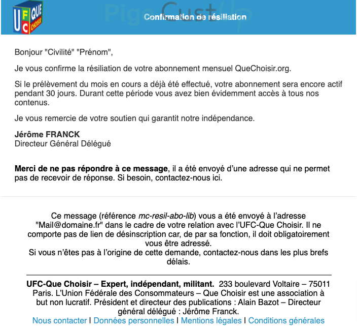 Exemple de Type de media  e-mailing - FC Que Choisir - Transactionnels - Confirmation résiliation abonnement