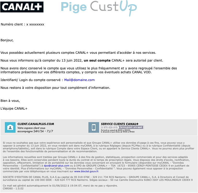 Exemple de Type de media  e-mailing - Canal + - Transactionnels - Refus création de compte - Doublon