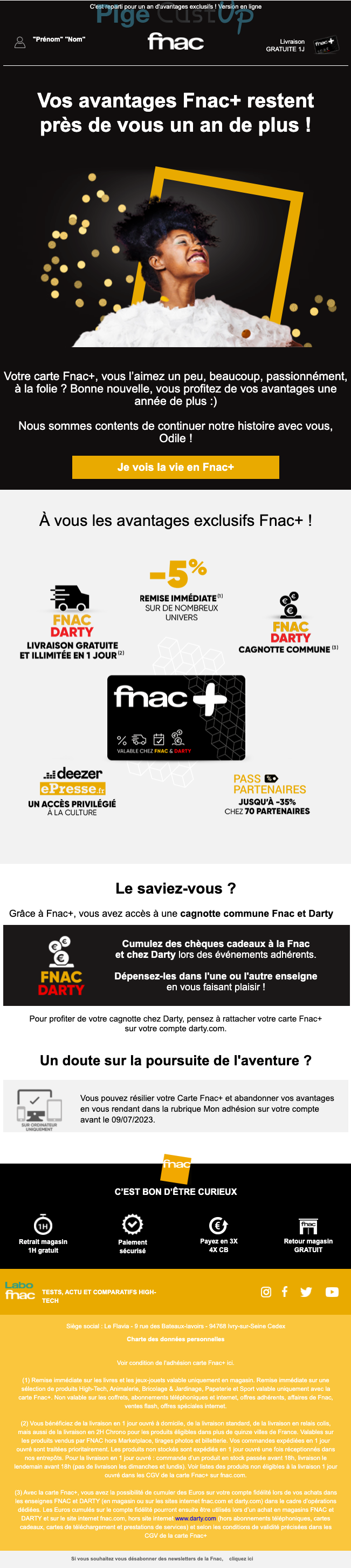 Exemple de Type de media  e-mailing - Fnac - Marketing fidélisation - Renouvellement abonnement