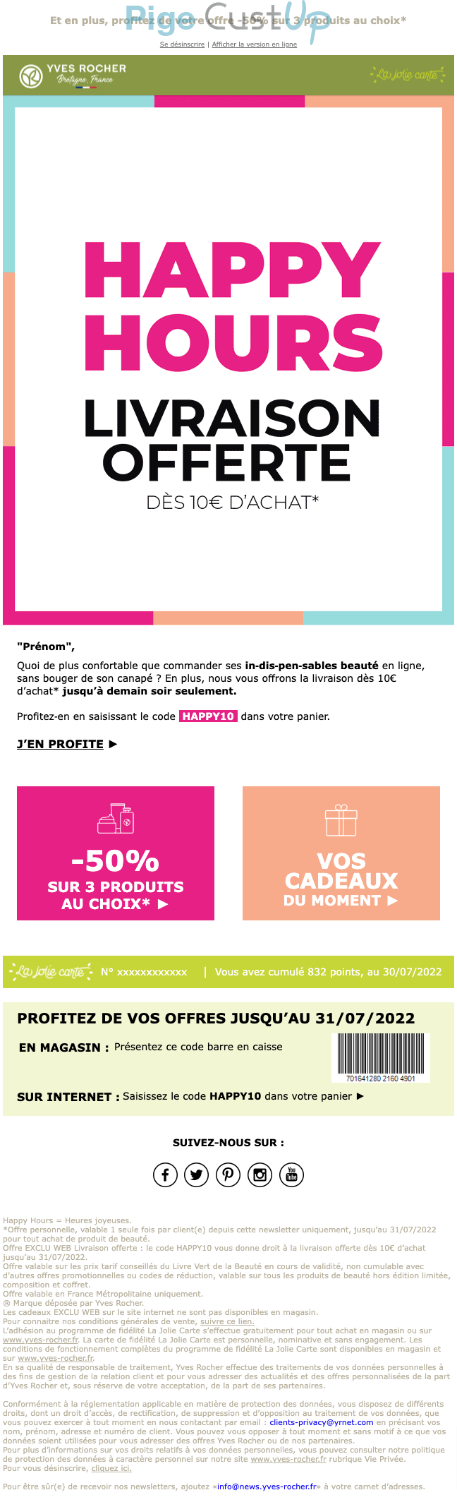 Exemple de Type de media  e-mailing - Yves Rocher - Marketing fidélisation - Incitation au réachat - Marketing Acquisition - Ventes flash, soldes, demarque, promo, réduction