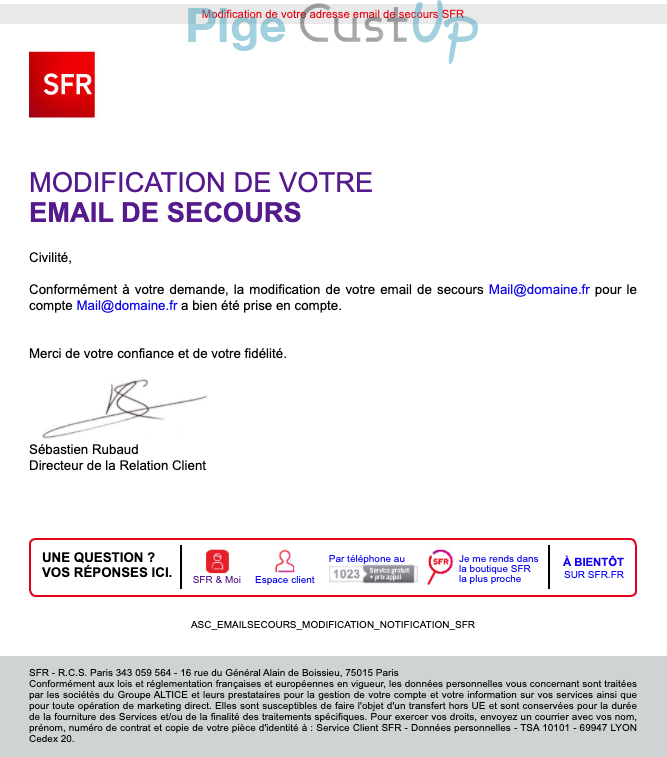 Exemple de Type de media  e-mailing - SFR - Service Clients - Mise à jour coordonnées (téléphone, adresse, etc...)