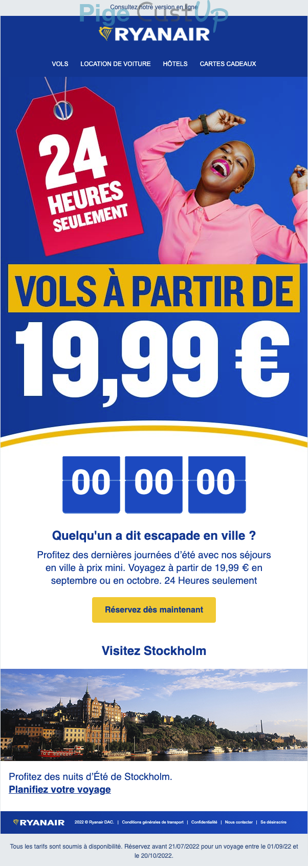 Exemple de Type de media  e-mailing - Ryanair - Marketing Acquisition - Derniers jours - Ventes flash, soldes, demarque, promo, réduction