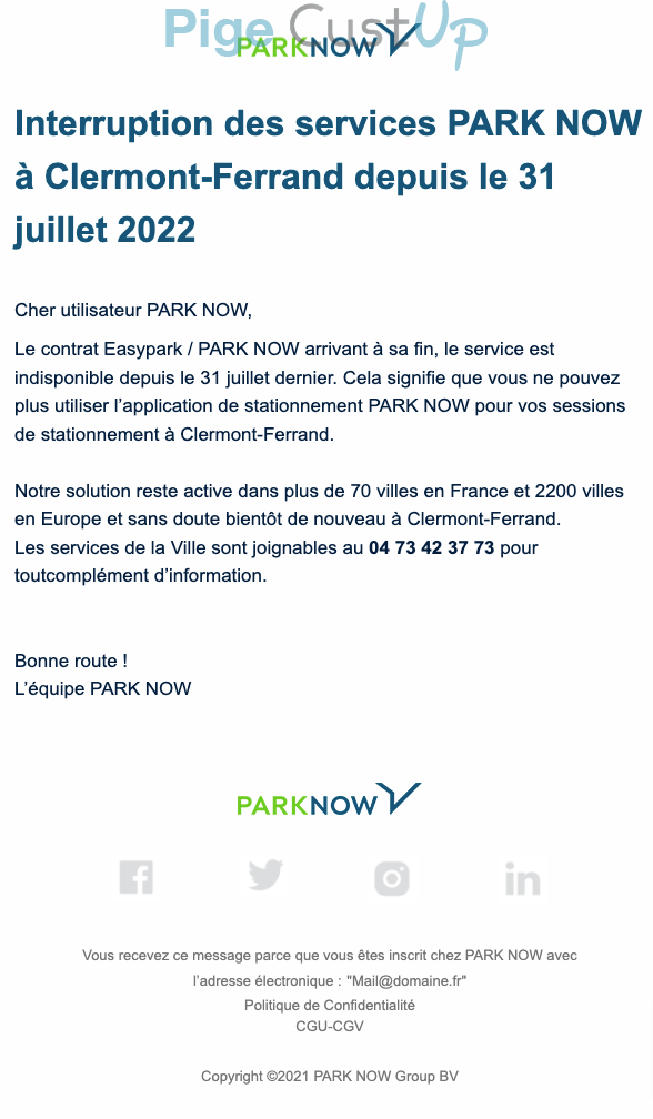 Exemple de Type de media  e-mailing - Park Now - Service Clients - Interruption des services