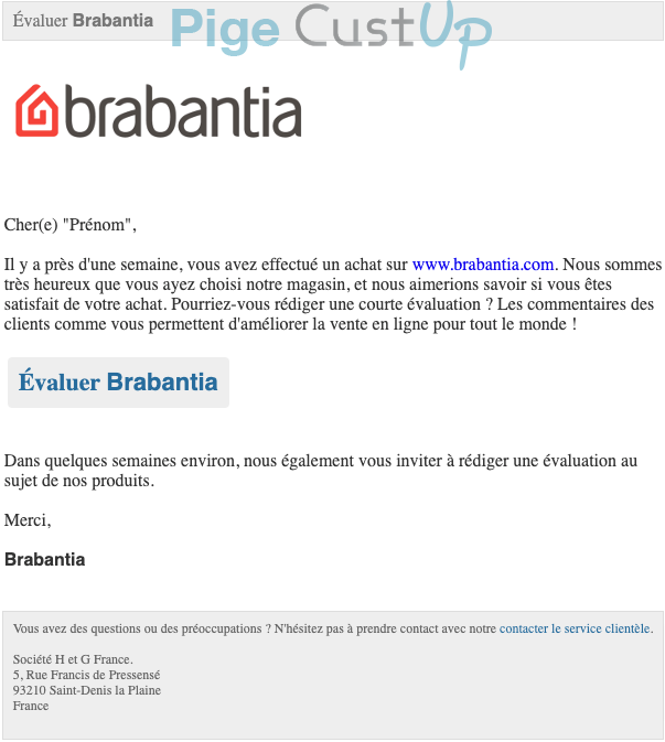 Exemple de Type de media  e-mailing - Brabantia - Enquêtes Clients - NPS / Avis clients